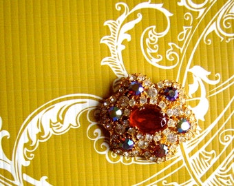 Vintage MCM Brooch MCM Circa 1950s Rubies and Rhinestones Gold Pin