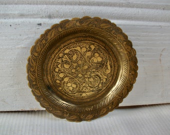 Vintage Bohemian Brass Coin Trinket Tray Ornate Art Nouveau Dish