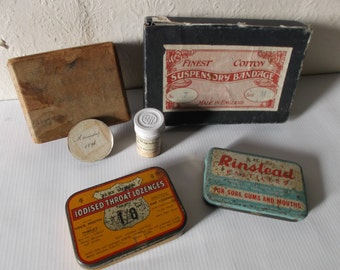 Antieke Engelse apothekersblikken, dozen en farmaceutische medische containers