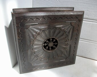 Antique French Nautical Wood Box Hand Carved Ship's Wheel Design