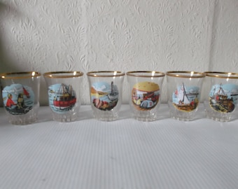 Vintage 1950s Nautical Seaside Barware Shot Glasses Set Mid Century Modern Beach Ware Decor