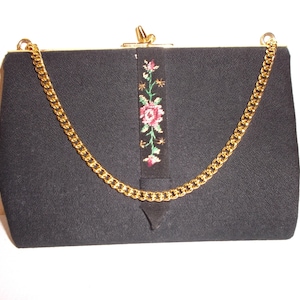 Vintage Schwarze Rosen Gobelin Clutch 1950er Jahre Mid Century Geldbörse Kleine Tasche Stil
