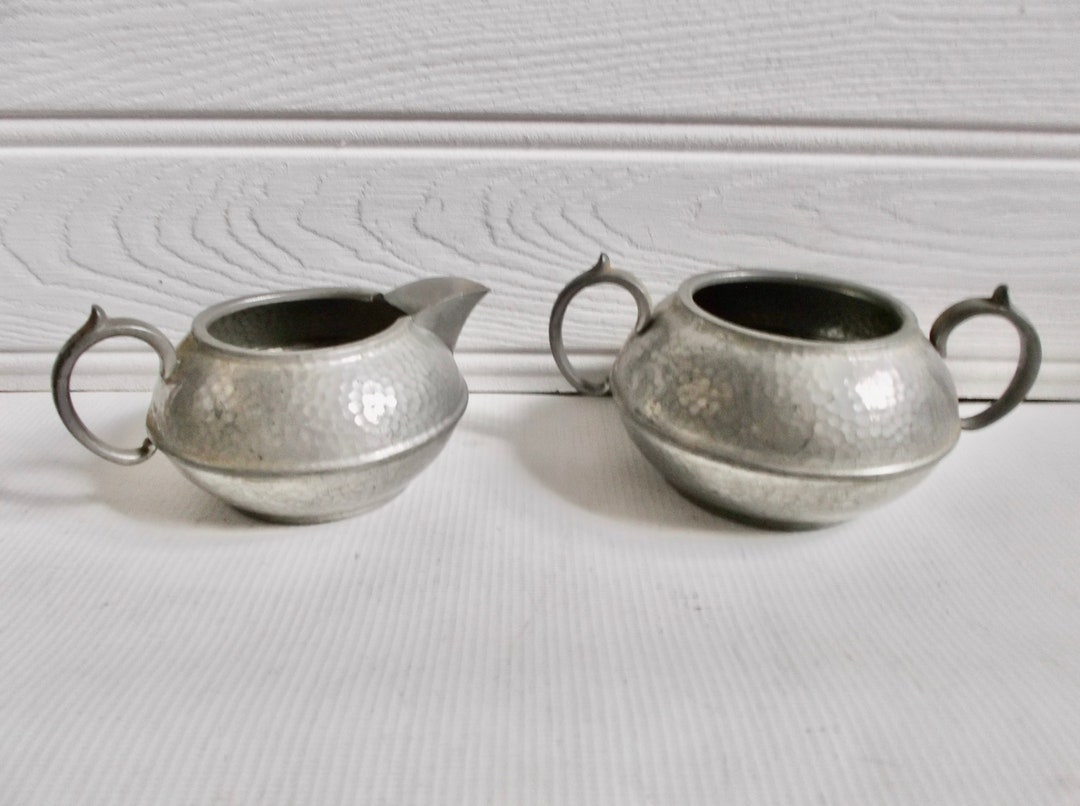 Antique English Hammered Pewter Creamer and Sugar Bowl Set Arts and
