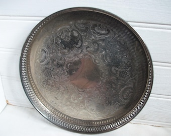 Antique Silver Chased Ornate Round Rimmed Gallery Tray with Monogram Area