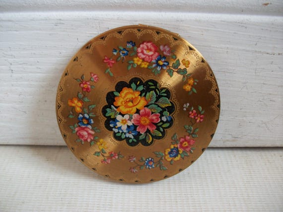 Vintage Brass Gold Metal Rose Floral Mirror Powder Compact