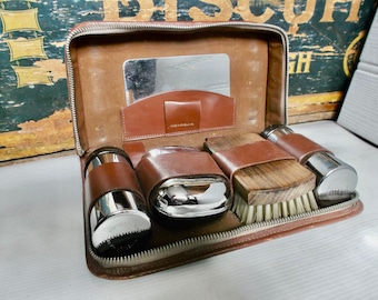 Vintage Mens Art Deco Travel Grooming Toiletries Set English British Dopp Case Circa 1930s