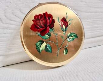 Vintage Stratton English Roses Gold Round Mirror Powder Compact Mid Century Modern