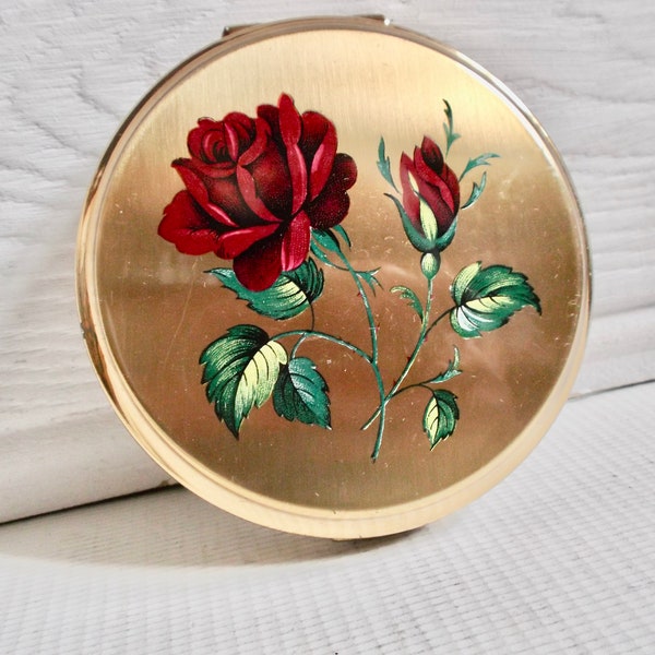 Vintage Stratton English Roses Gold Round Mirror Powder Compact Mid Century Modern