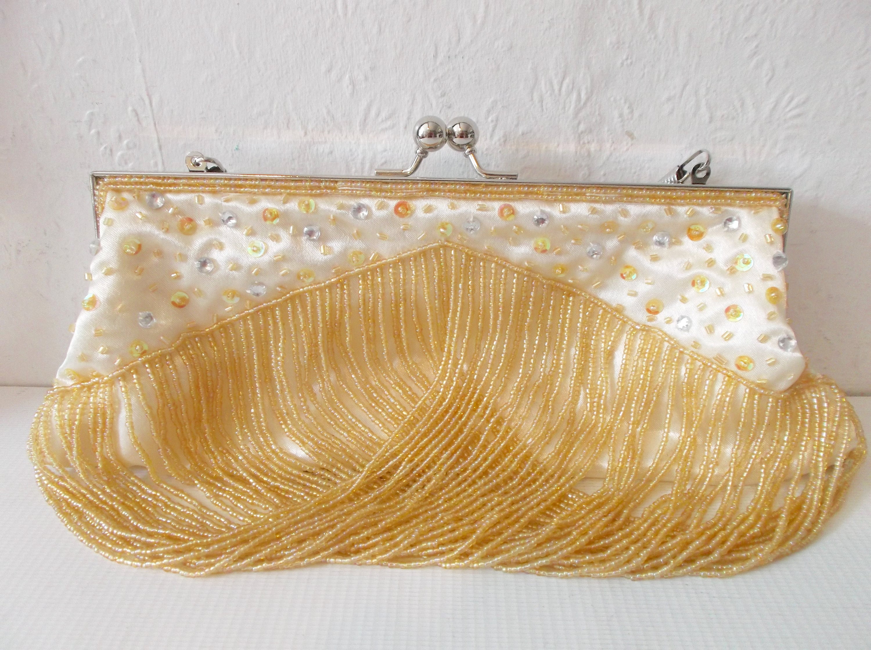 Pochette De Soirée Vintage Perles Dorées, Fermoir Boule, Beige, Occasion Très Bon état