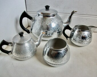 Vintage English MCM Silver Cromalin Plated Tea Pot, Creamer and Sugar Bowl Set