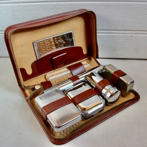 Vintage Mid Century Modern Travel Grooming Toiletries Set English Dopp Case