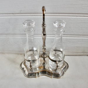 Antique Ornate Silver Plated Carafe Set Oil and Vinegar Cruet Set Condiment and Sauce Set