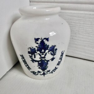 Tarro de mostaza Dijon Poupon francés vintage, azul y blanco