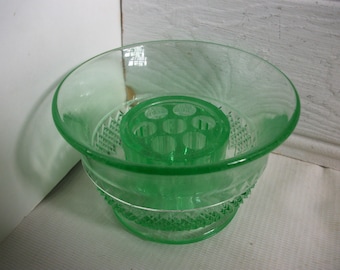 Antique English Green Glass Flower Frog Bud Holder with Vase Dish