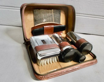 Vintage Mens Art Deco Travel Grooming Toiletries Set English British Dopp Case Circa 1930s