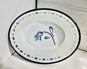 Vintage White and Blue Enamel Flower Bowl Serving Dish with Ornate Trim