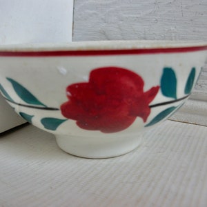 Può includere: Scodella in ceramica bianca con una rosa rossa e foglie verdi dipinte sul lato.