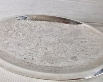 Vintage English Silver Plated Serving Tray Round Ornate Art Nouveau Style Engraved Embellished Tray
