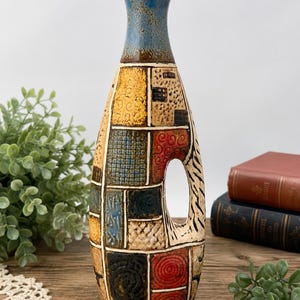 Vintage Mid Century Modern Studio Pottery Handled Vase Geometric 12" Ceramic