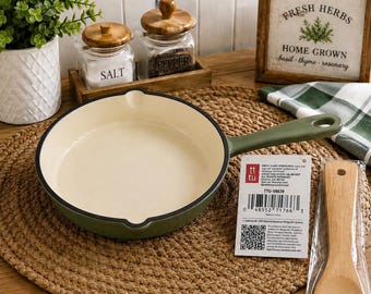 Smith Clark Ironworks 6.6" Enameled Cast Iron Fry Pan w/ Bamboo Turner Green