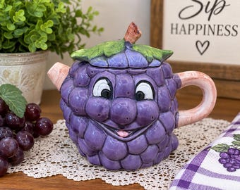 1980s Vintage Grape Teapot Made in Taiwan Purple Ceramic Fruit Novelty Teapot 6"