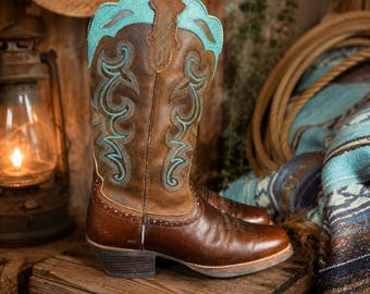 Justin Gypsy Cowgirl Boots Women's Size 6 Brown Turquoise Square Toe