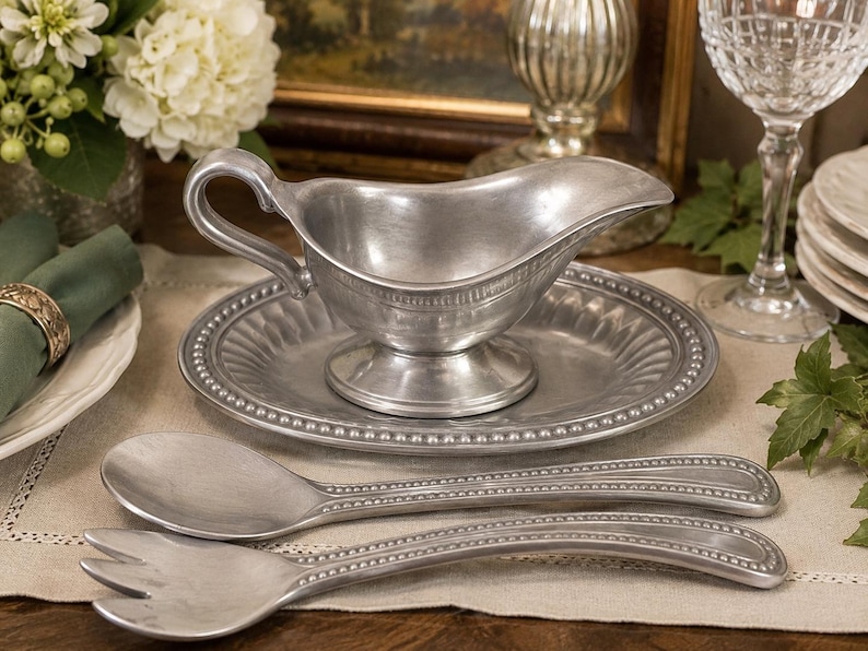 May include: A silver-toned metal gravy boat with a matching oval underplate, accompanied by a large serving spoon and a three-pronged serving fork. Each piece features a decorative beaded edge detail and a smooth, brushed metallic finish.