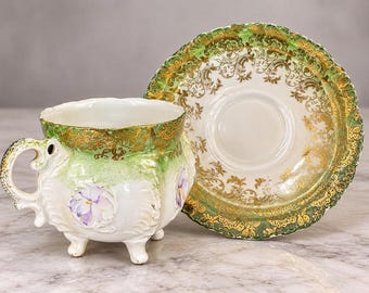 Antique Rare C. 1900 Bohemian Porcelain Teacup Set, Footed, Gilded (Small)