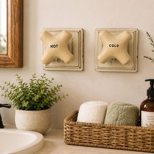 May include: Two wall-mounted, cross-shaped faucet handles in a cream finish with distressed edges. The left handle is labeled HOT and the right handle is labeled COLD in black lettering. Each handle is mounted on a square, cream-colored backplate.