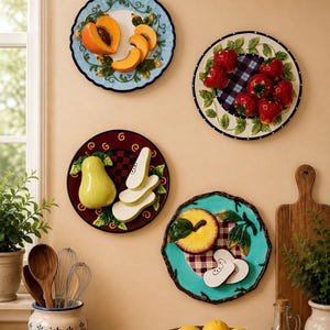 May include: Four decorative ceramic plates featuring three-dimensional fruit designs including peaches, strawberries, a pear, and an apple. Each plate displays a unique color palette, patterned background, and sculpted leaves mounted on a wall.