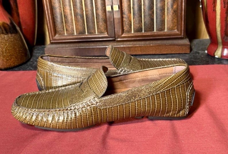 Donald J Pliner Men’s Olive Green Lizard Embossed Leather Penny Loafers Size 7 image 7