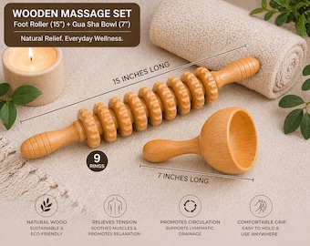 15" Wooden Foot Massager Roller + Gua Sha Bowl Body Massage Tool