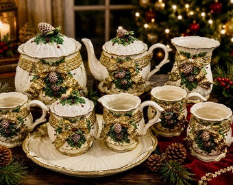 Vintage Christmas Tea Set 9 Pc Pine Cone Holly Berries Ceramic Teapot & Mugs