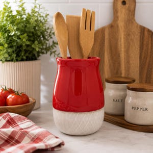 Modern Red & White Ceramic Kitchen Utensil Crock Holder Farmhouse 6"