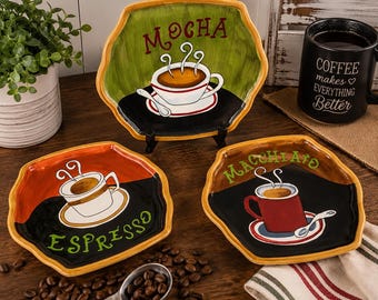 Vigor Hand Painted Coffee Theme Ceramic Plates Set of 3 Espresso Mocha Macchiato