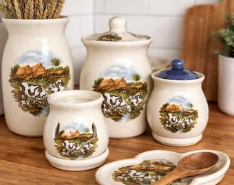 Vintage Ceramic Canister Set with Cow and Farm Scene With Wax Warmer Spoon Rest