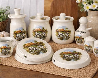 Vintage Pottery 14 Pc Farm Cow Kitchen Set Canisters Burner Covers