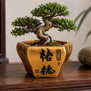 May include: A small bonsai tree with a textured, winding trunk and dense green foliage planted in a hexagonal, metallic gold ceramic pot. The pot features black Chinese calligraphy characters on the front face, along with small red and black seal stamps.
