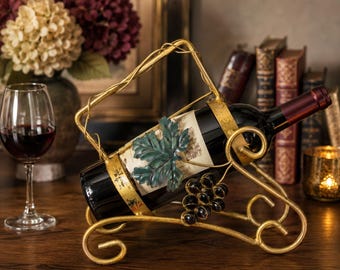 Vintage Elegant Gold-Tone Metal Wine Bottle Holder with Grape & Leaf Design