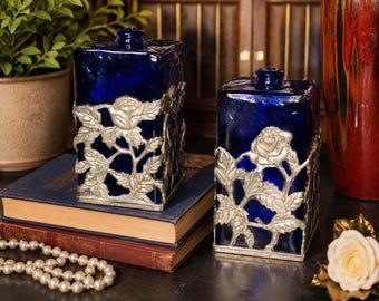 Pair Of Vintage Cobalt Blue Glass Oil Lamp with Silver Rose Overlay