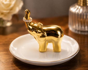 Elephant Jewelry Trinket Dish Tray Mini Gold Porcelain 3.5" Décor
