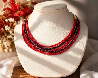 Red Burgundy Seed Bead Choker Necklace Multi Strand Boho Beach Summer Jewelry