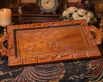 Vintage Hand-Carved Wooden Serving Tray Mexican Folk Art Glass Top 20x10