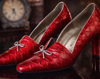 Vintage Leather Bellini Red Croc Embossed Heels Pumps Bow Detail Women’s 7.5M