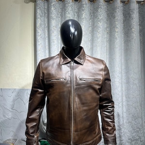 Ręcznie robiona brązowa kurtka ze skóry bydlęcej | Kurtka typu bomber w stylu vintage w stylu motocyklowym (pełnoziarnista)