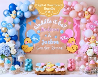 Banner de revelación de género "Waddle It Be", cartel editable de patito de goma para baby shower, baby shower para niño o niña, DIY 5x3 pintado a mano, banner imprimible de 6x2