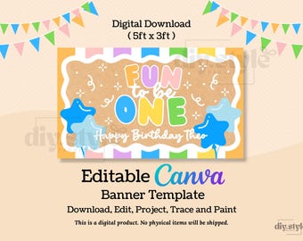 Plantilla editable para pancarta de cumpleaños "Diversión para cumplir un año", fondo para el primer cumpleaños, pancarta estilo pintado a mano para hacer tú mismo, descarga digital de Canva, letrero de 5 x 3 pies