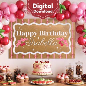 Coquette Pink Bow Cherry Birthday Banner Canva Template, Editable Happy Birthday Sign for Girls, Digital Download, DIY Hand Painted Style