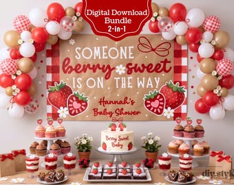 Banner para baby shower "Berry Sweet", plantilla digital editable de fresas en Canva, para niña, letrero pintado a mano DIY de 152 x 91 cm, banner imprimible de 182 x 61 cm.