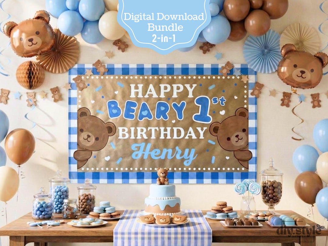 Blue Gingham Little Beary 1st Birthday Banner | Happy First Birthday ...